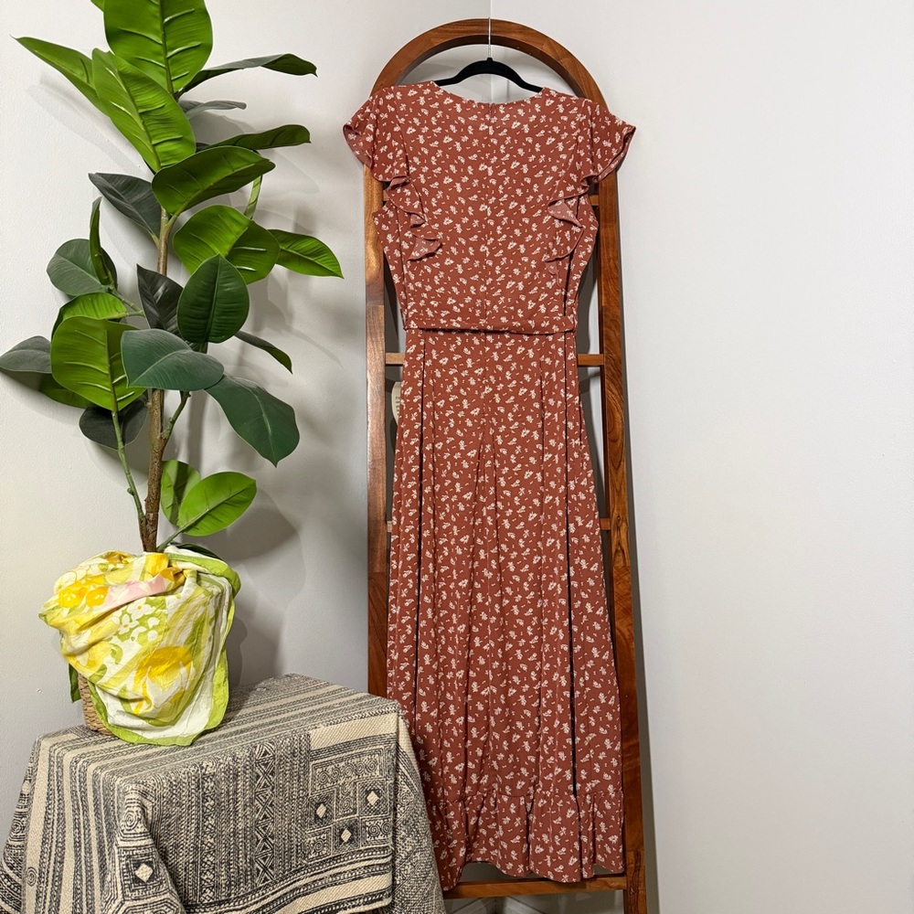 Bohme XL Rust Floral Short Sleeve Belted Maxi Dress NEW - Picture 2 of 8